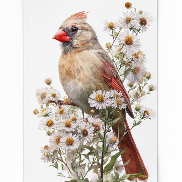 Watercolor Female Cardinal Bird with Flowers Wall Art Print Unframed - Picture 2 of 6